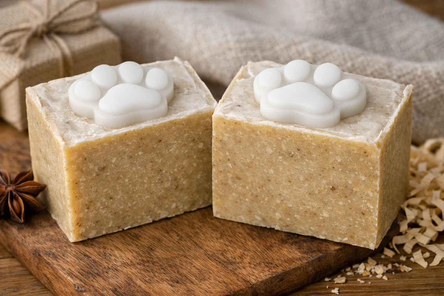 Paw Bliss Natural Dog Soap Bar – two oatmeal soap bars with white paw print embeds on a wooden board