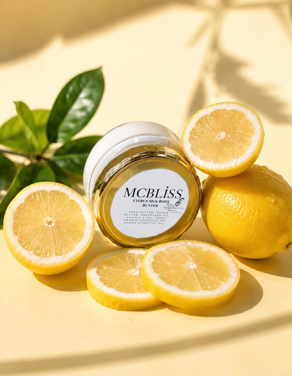 McBliss Citrus Silk Body Butter surrounded by fresh lemons